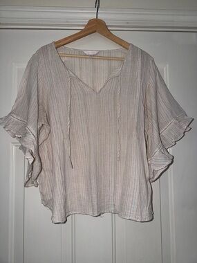 LC Lauren Conrad Light Pink Striped Tie-Neck Ruffle Sleeve Blouse